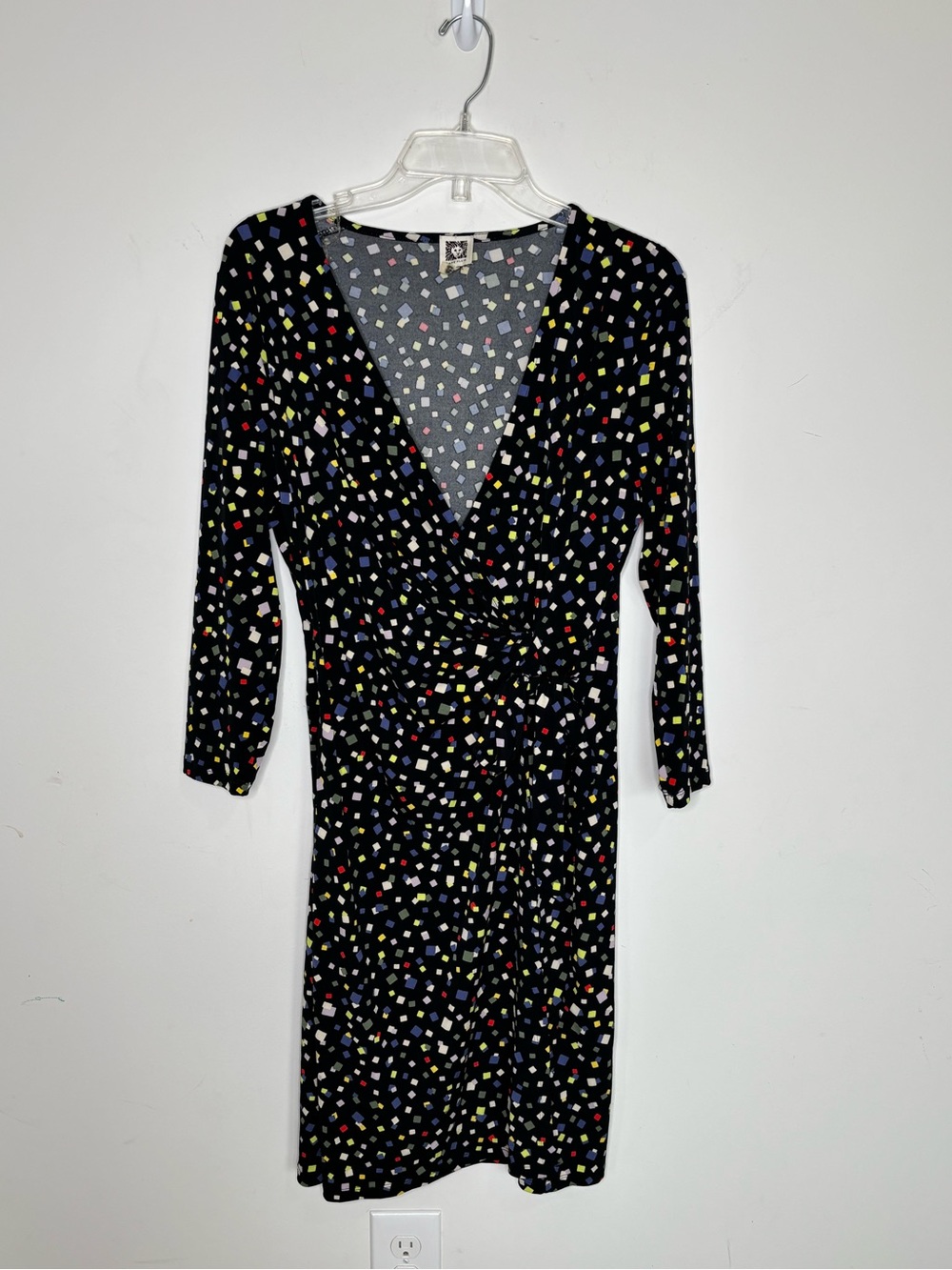 Anne Klein Drape Faux Wrap Dress 12 V-neck Confetti Print 3/4 Sleeve